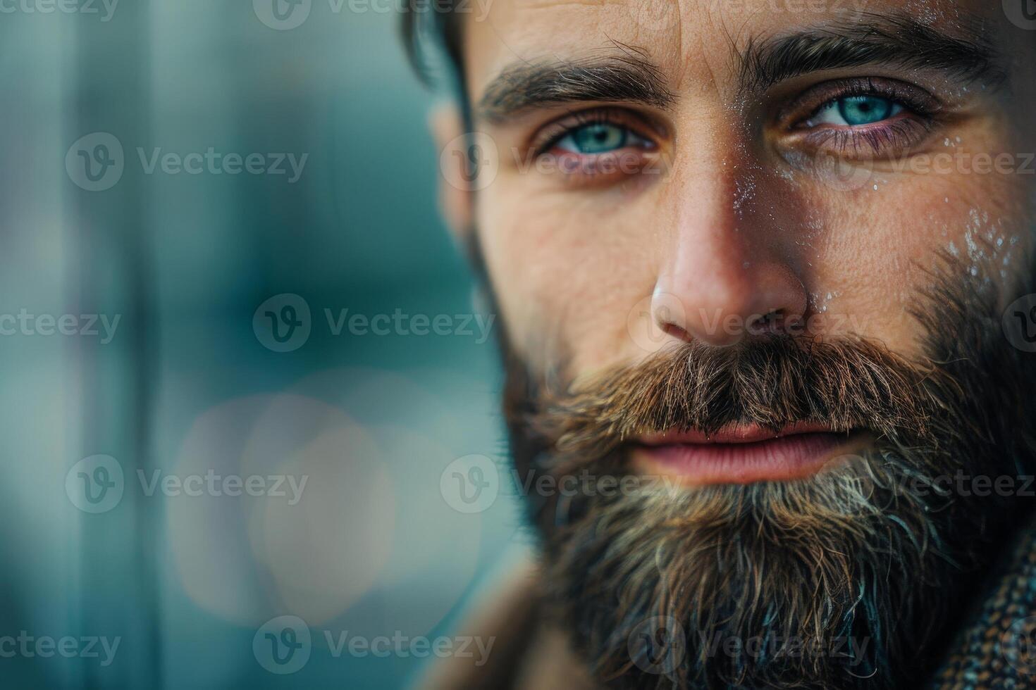 Close up portrait of a bearded man with intense blue eyes photo