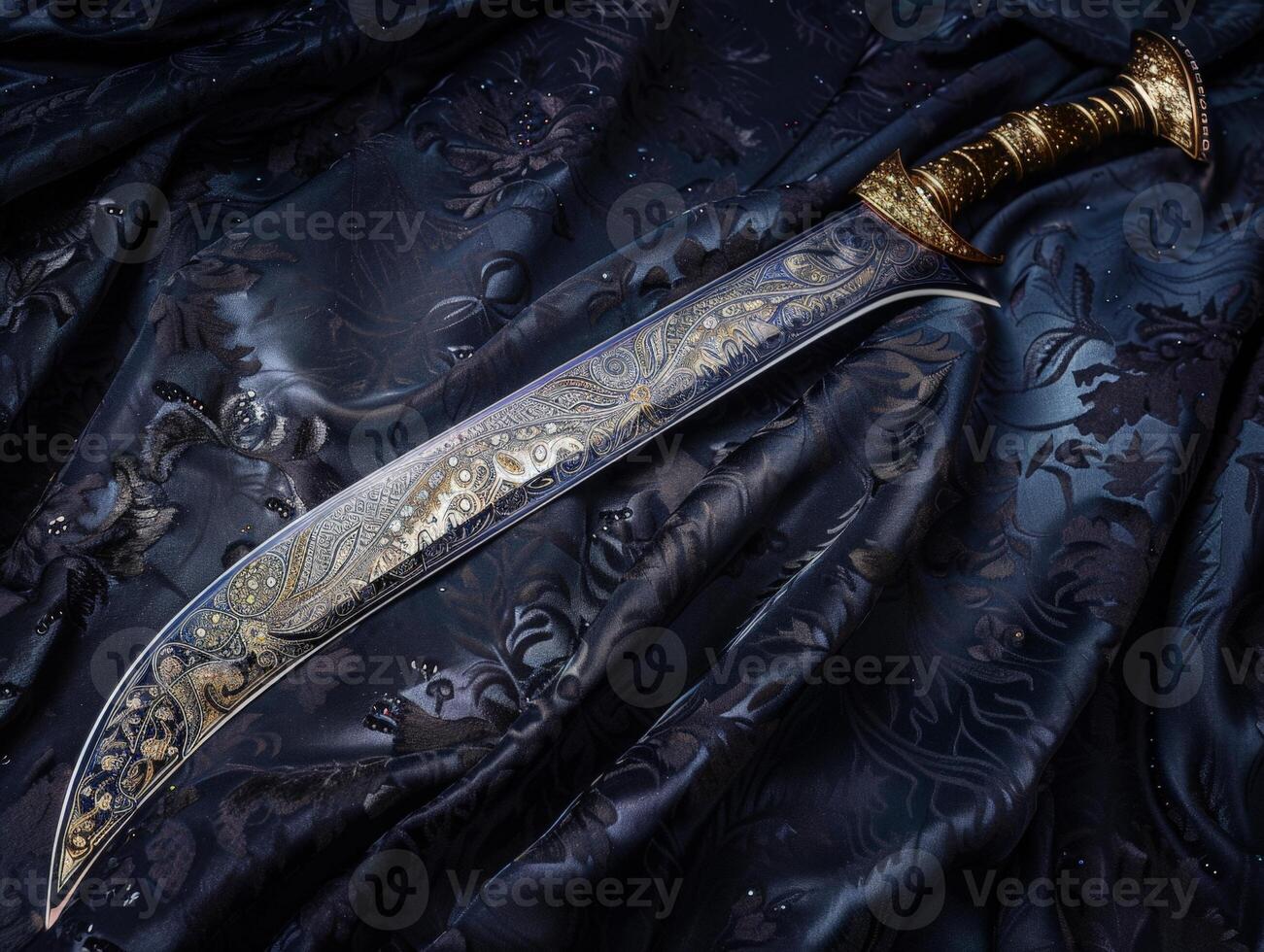 Ornate dagger on dark fabric background photo