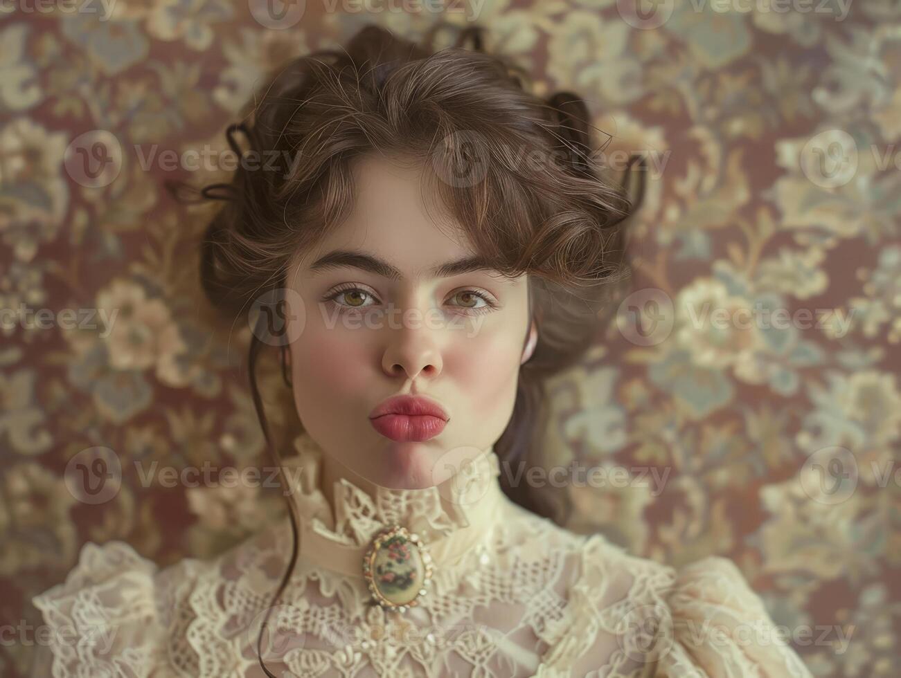 Elegant woman with curly hairstyle and lace dress photo