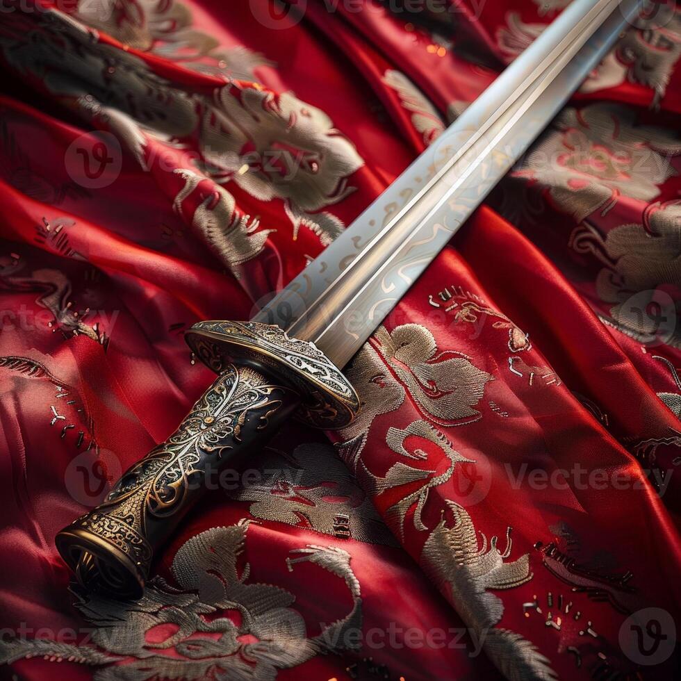 Ornate sword on red silk fabric photo