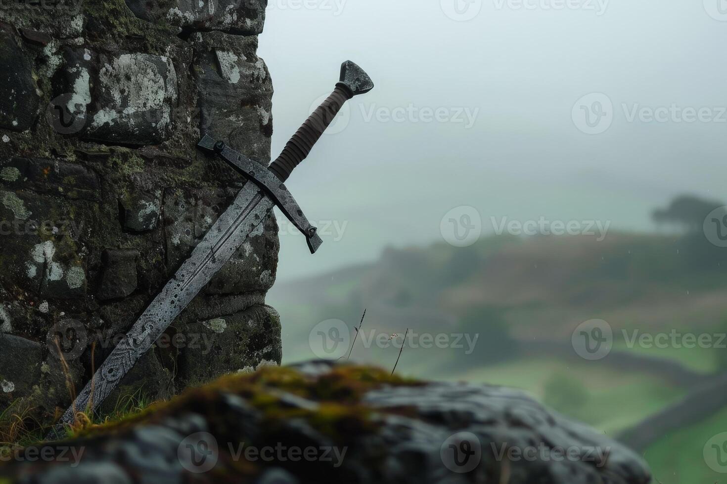 ancient sword embedded in rocky cliff face photo