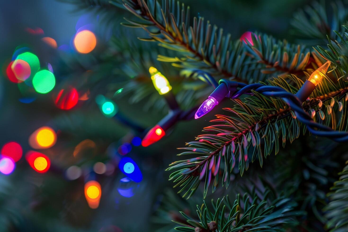 Colorful Christmas lights on pine tree branches photo