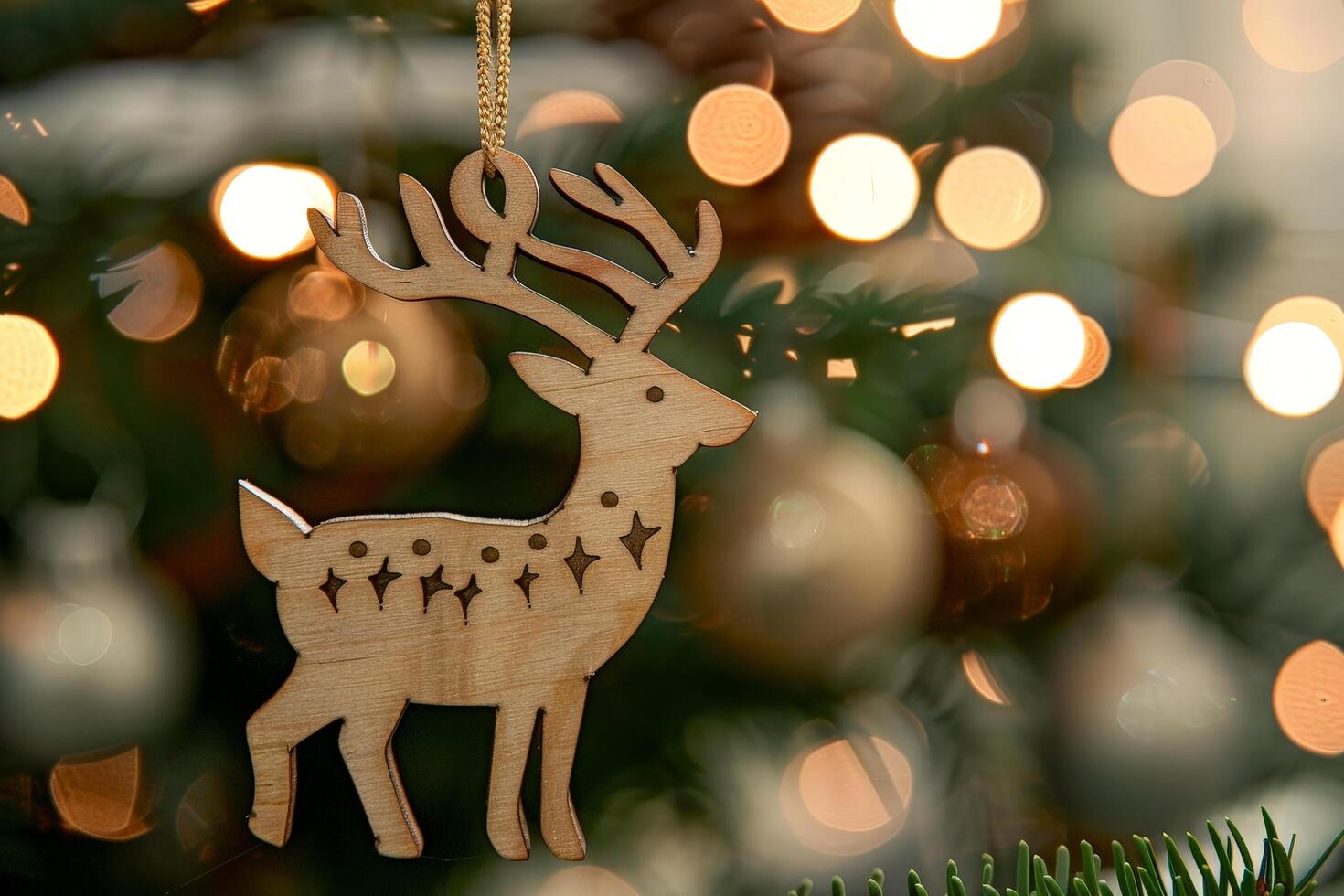 Wooden deer ornament hanging on christmas tree with lights photo