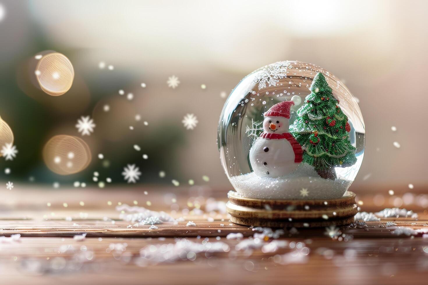 Festive snowglobe with snowman and christmas tree photo