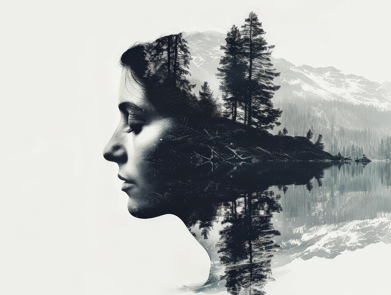 serene mountain landscape double exposure portrait photo