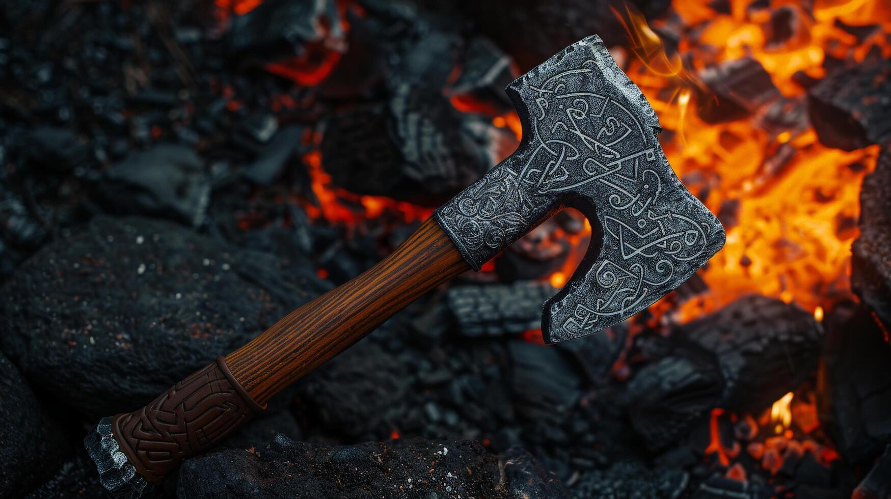 Ornate battle axe in flames photo