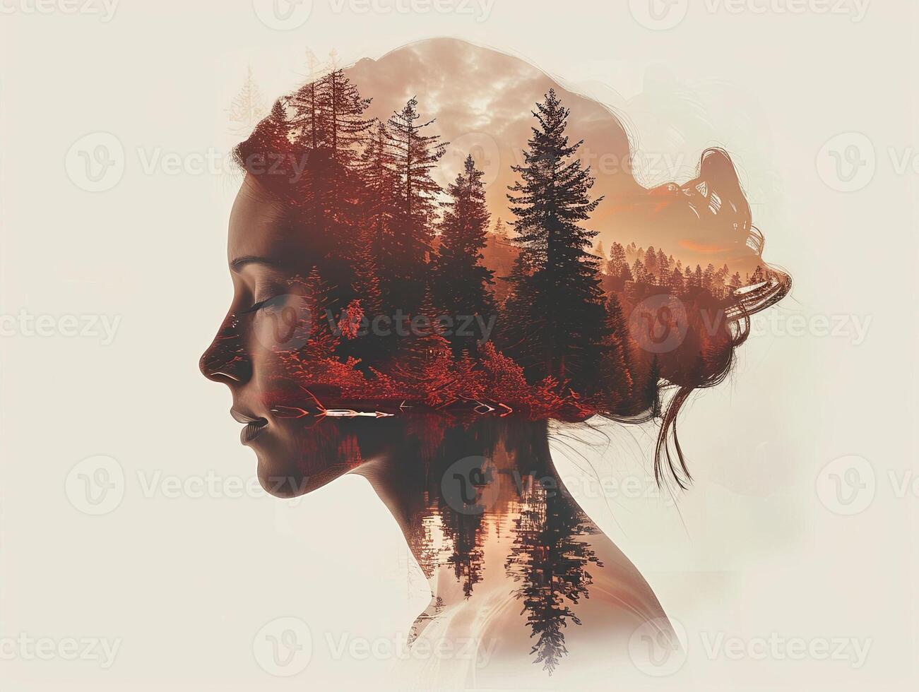 double exposure of womans profile with forest landscape photo