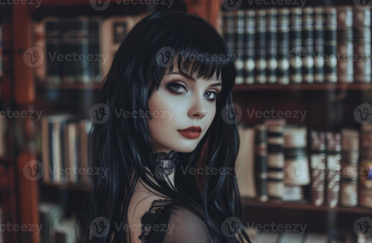 gothic woman with dark hair and makeup in a library photo