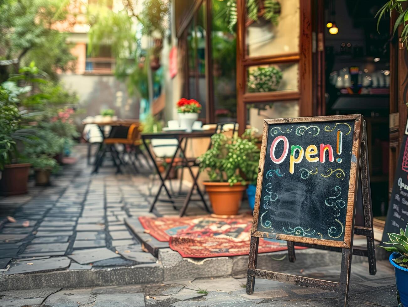 Cozy outdoor cafe with open sign photo