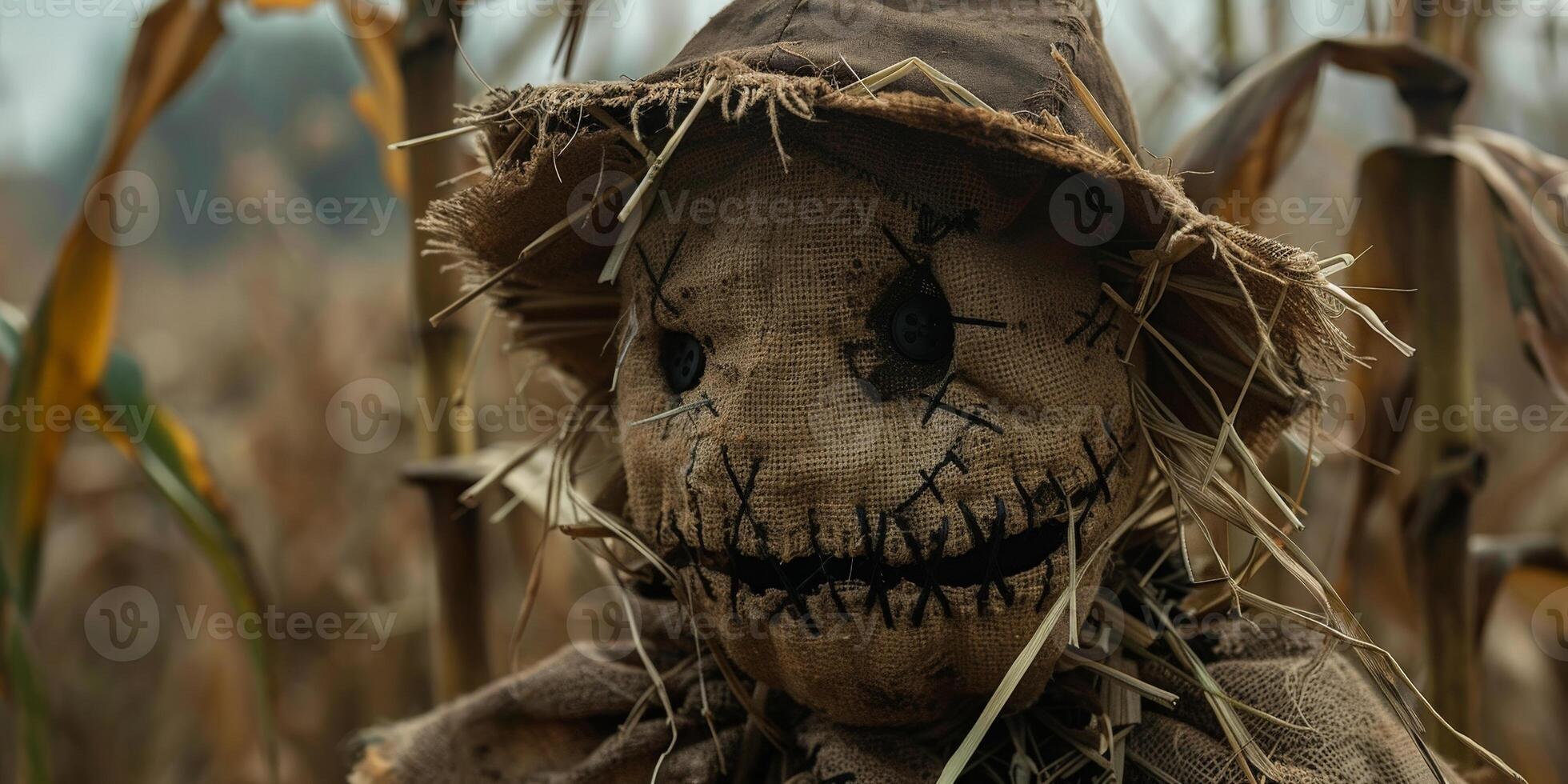 Spooky scarecrow with creepy face photo