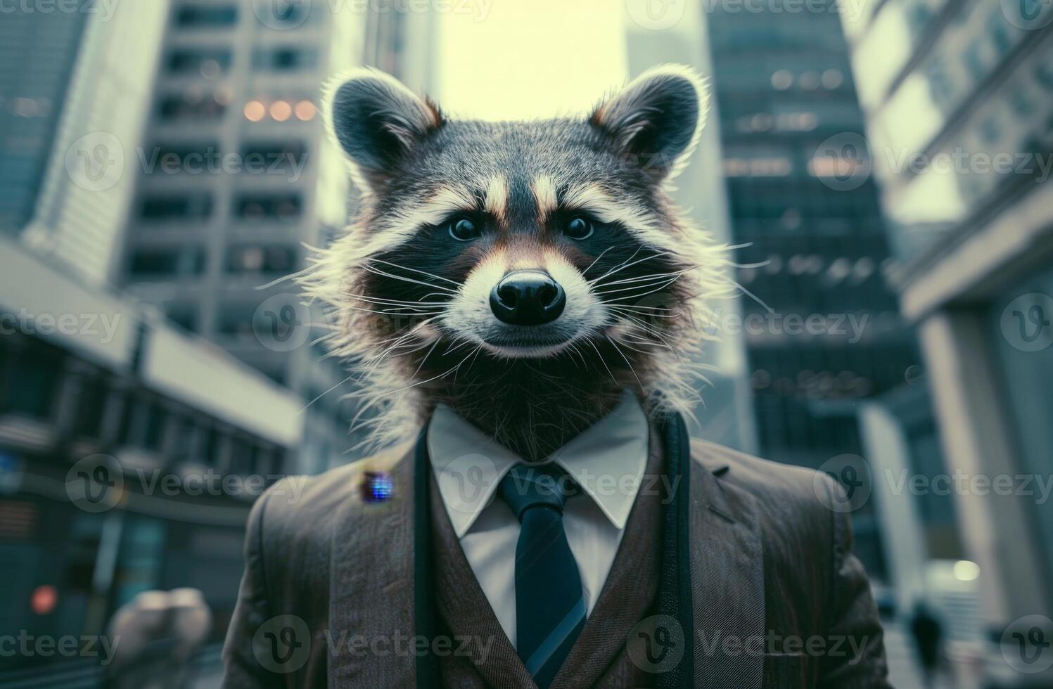 Raccoon in a suit and tie standing in front of a city skyline photo