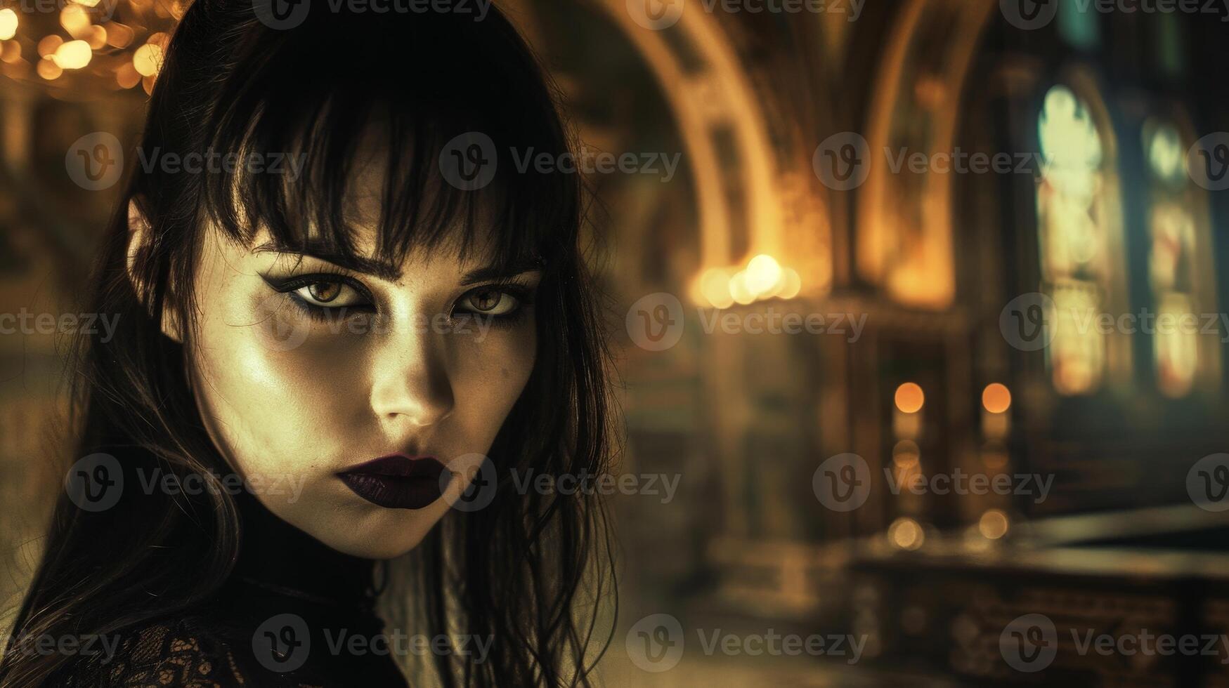 Mysterious woman with dark hair and intense gaze photo