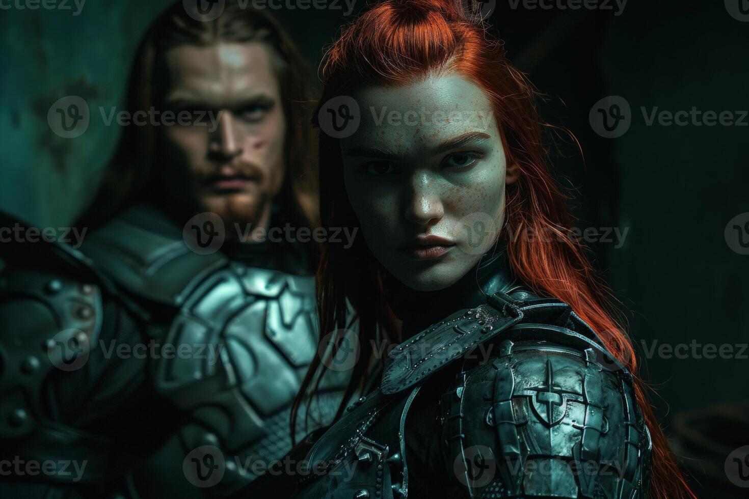 Futuristic warrior couple in dark sci fi setting photo