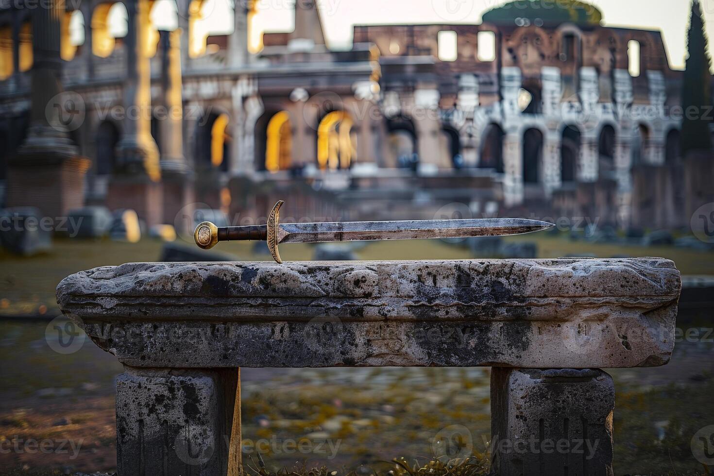 ancient sword on stone pedestal with colosseum in background photo
