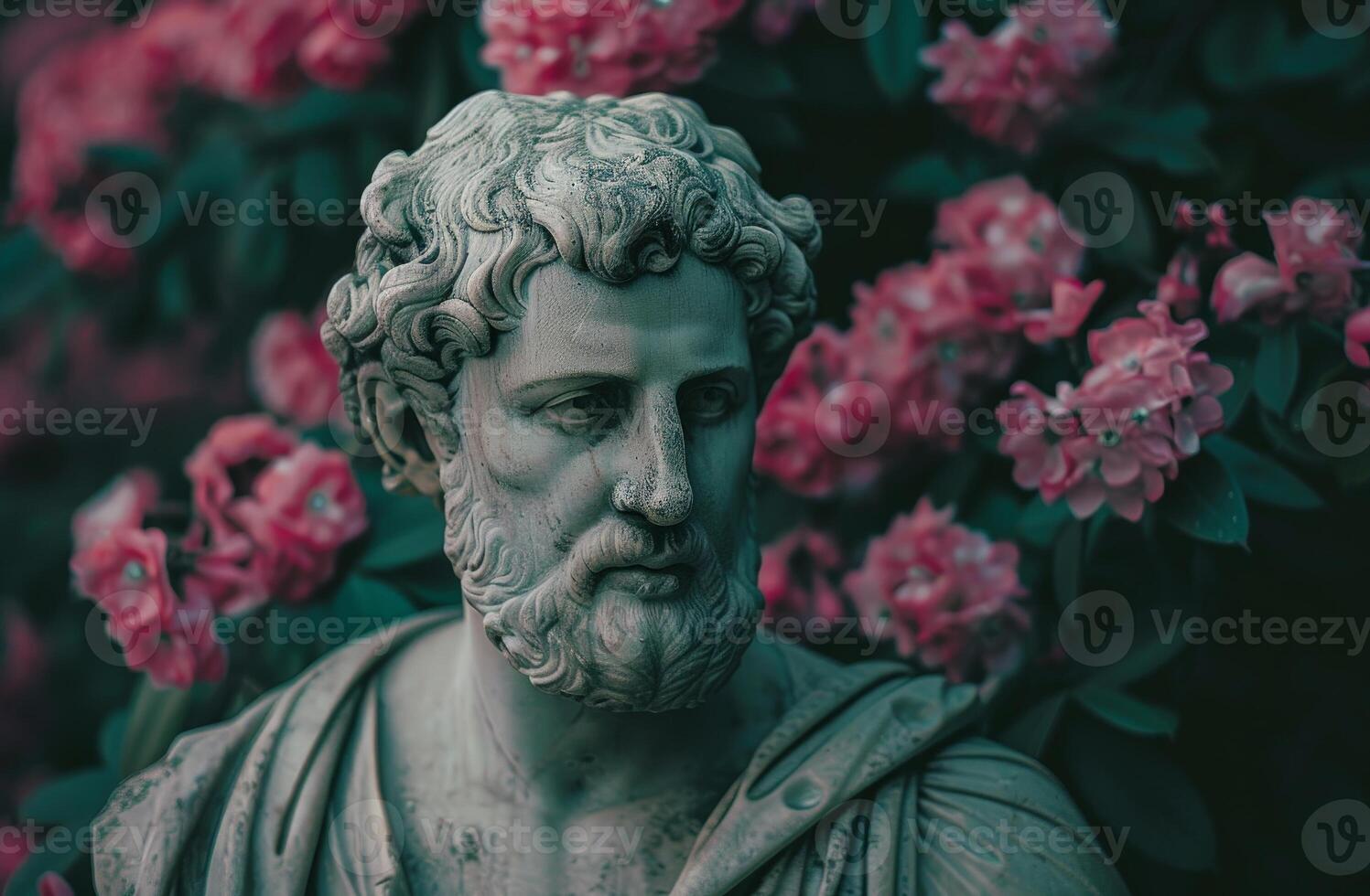 ancient roman statue surrounded by pink flowers photo