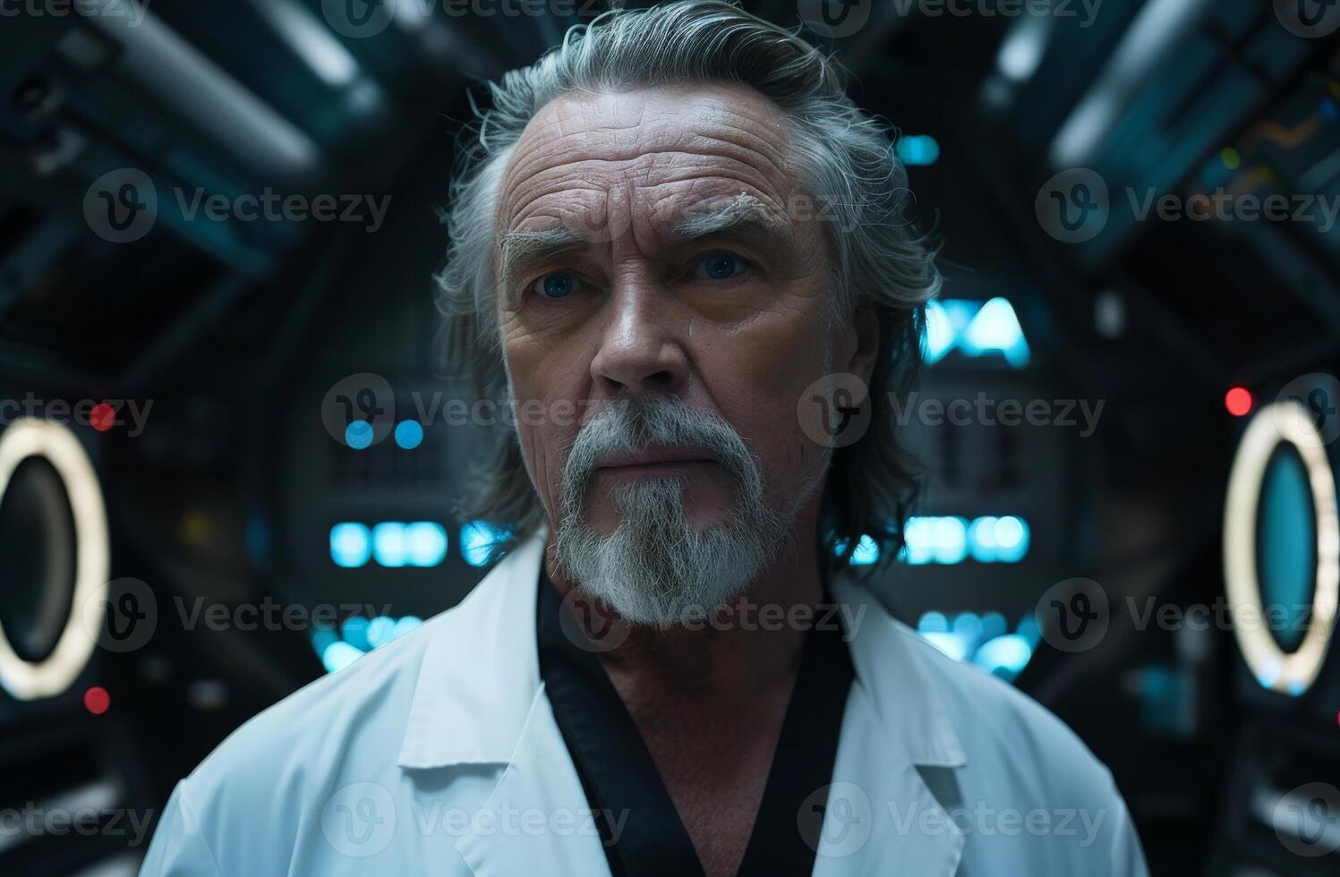 Serious senior scientist in lab coat with futuristic background photo