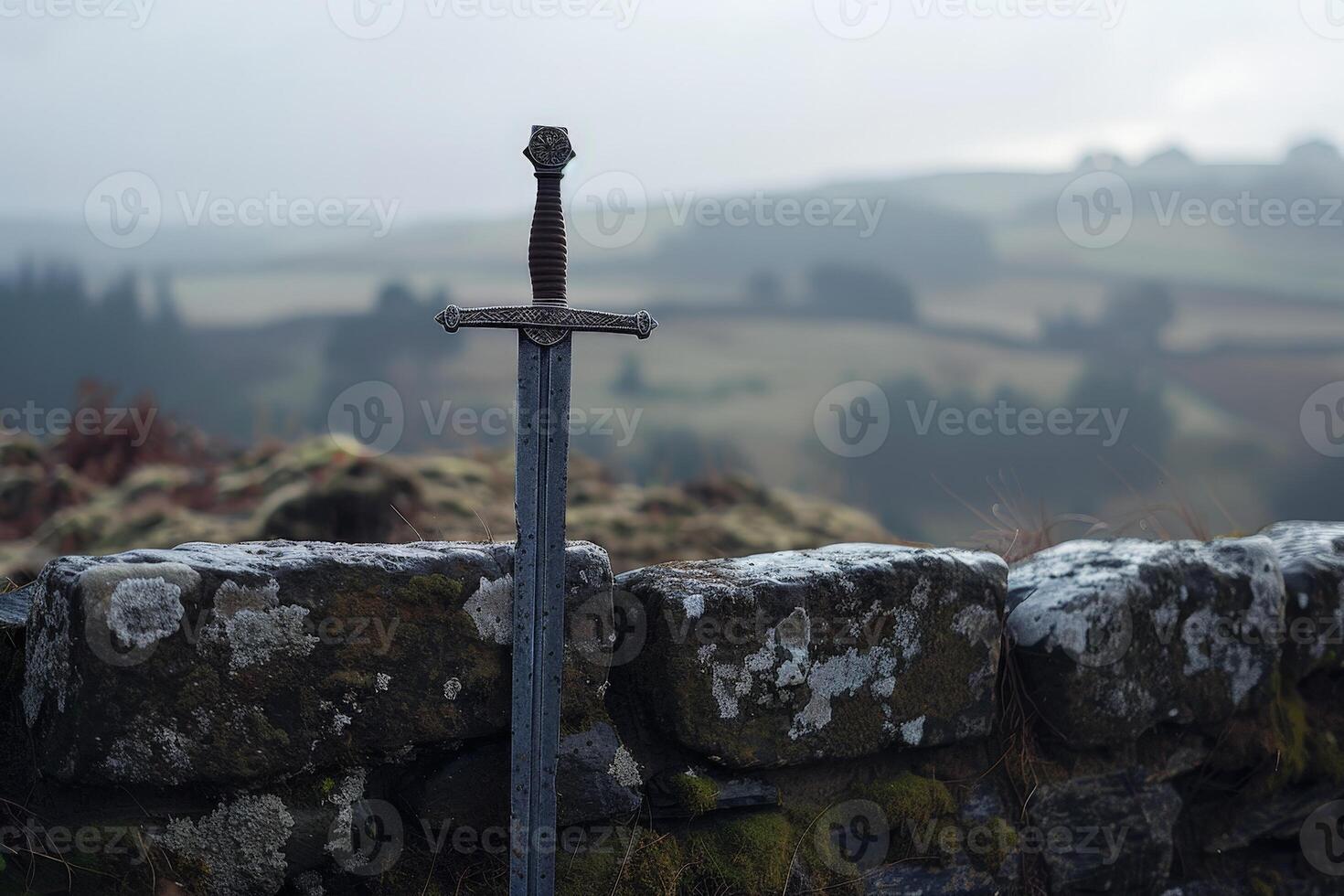 ancient sword on rocky mountain landscape photo