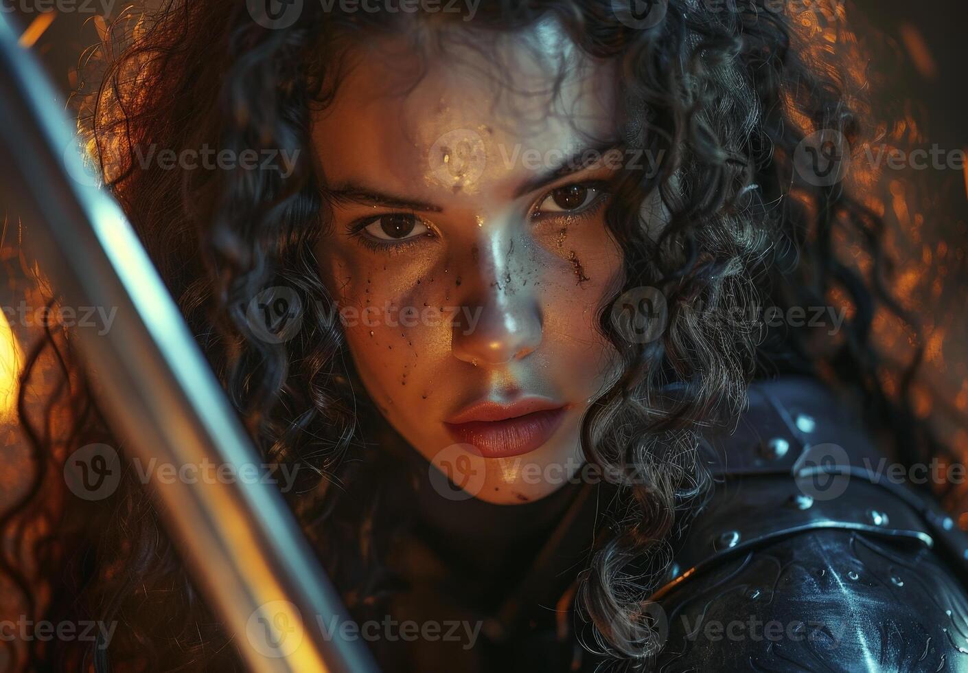 Fierce warrior woman with sword in dramatic lighting photo