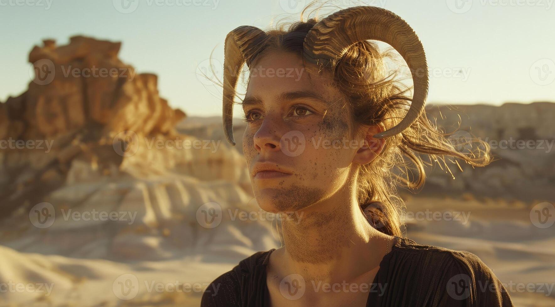 portrait of a young woman with horns in the desert photo