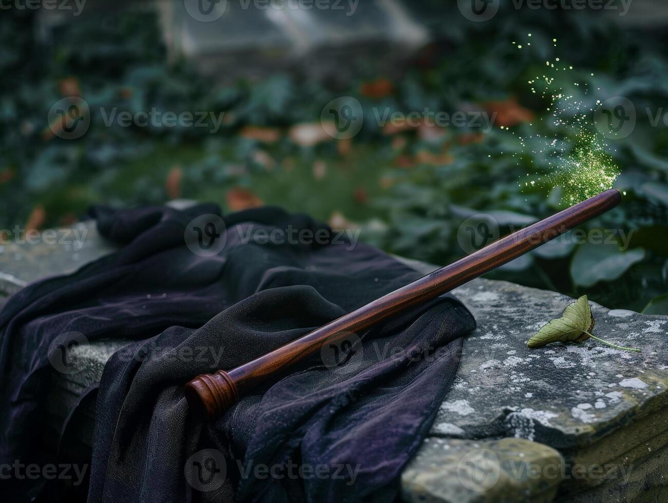 Magical wand with sparkling effects in dark forest setting photo