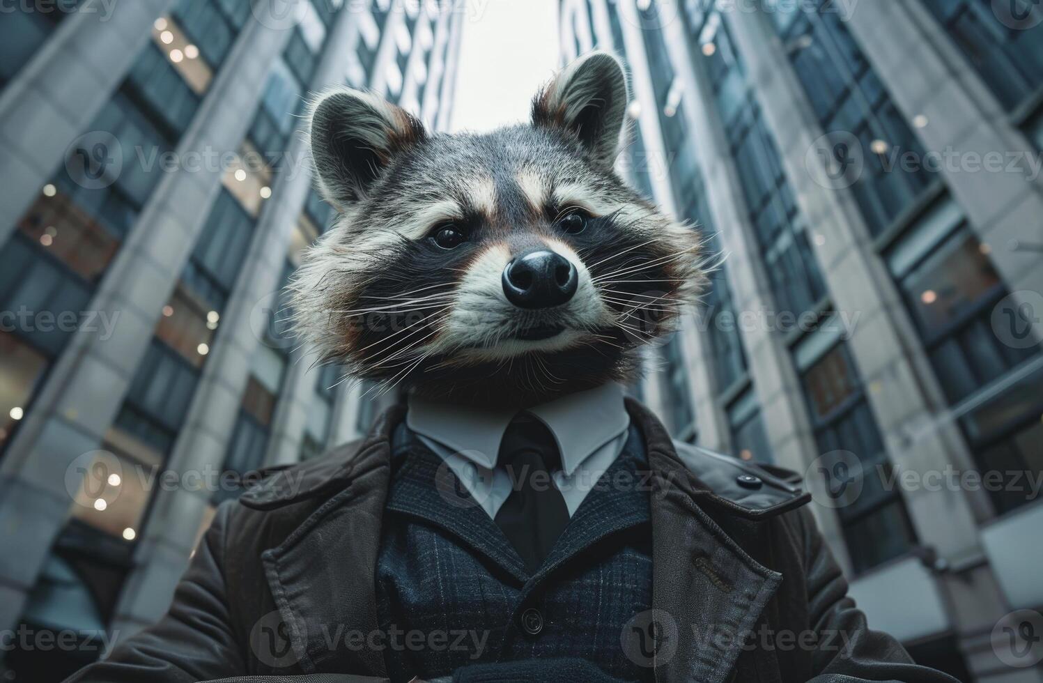 Stylish raccoon in a suit and tie in the city photo