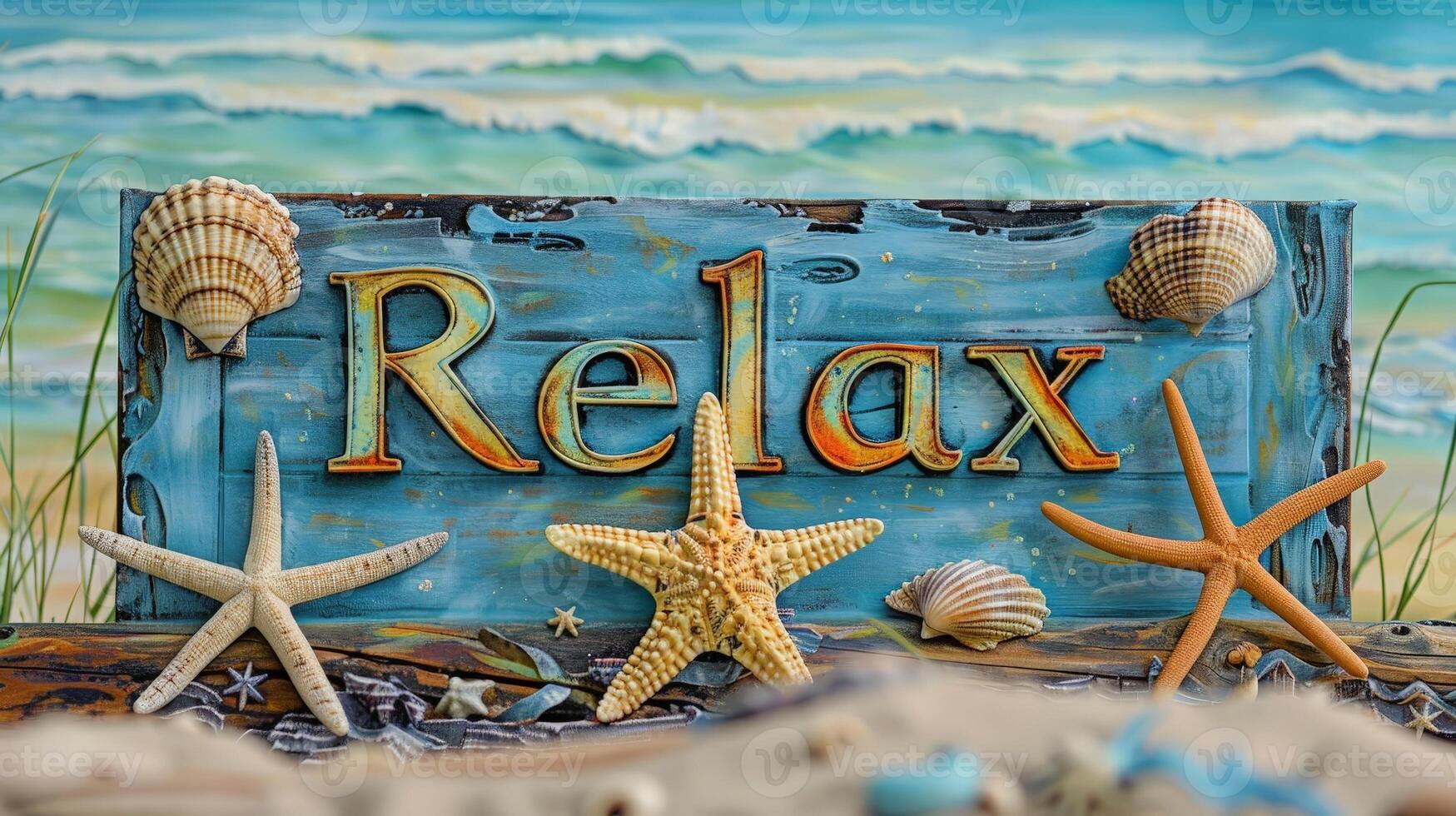 Relaxing beach scene with seashells and starfish photo