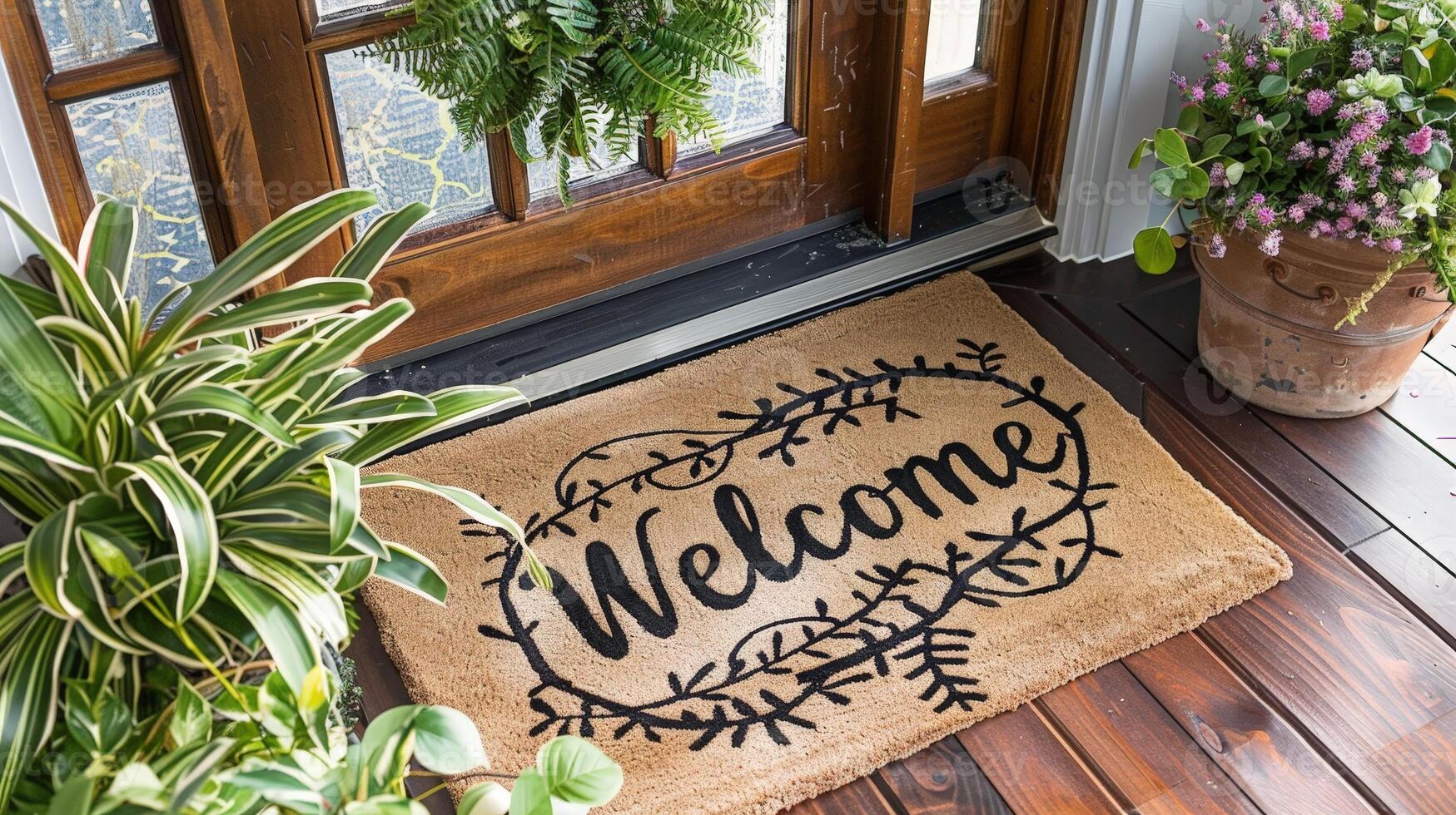 Welcoming entrance with plants and doormat photo