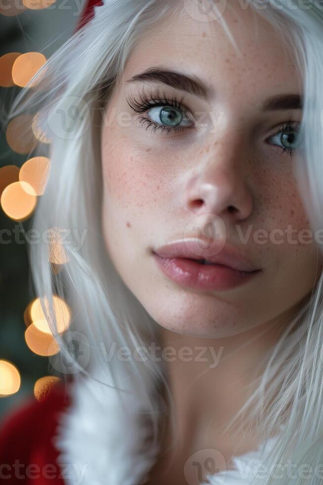 close up portrait of a woman with blonde hair and blue eyes photo
