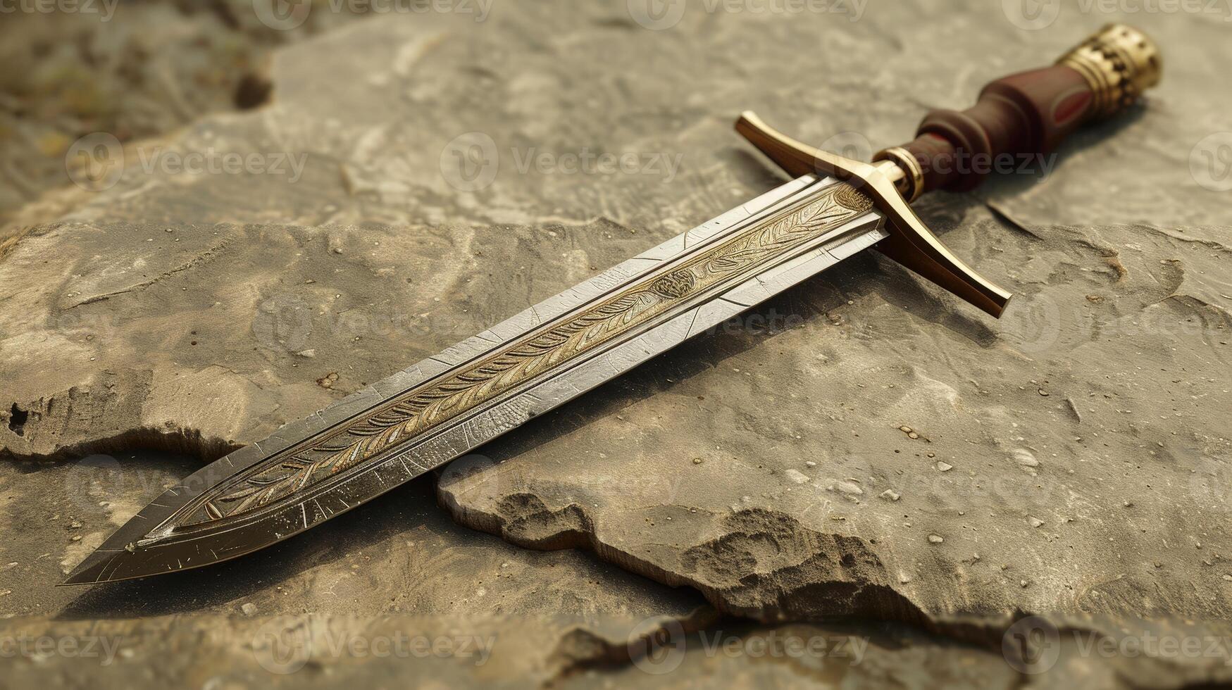Ornate medieval dagger on rocky surface photo