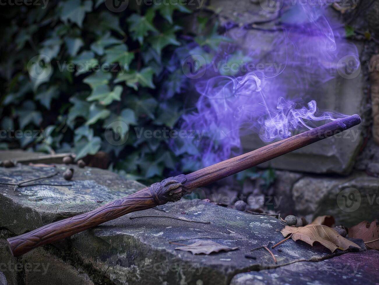 Magical smoke rising from a wooden wand in a mystical forest setting photo