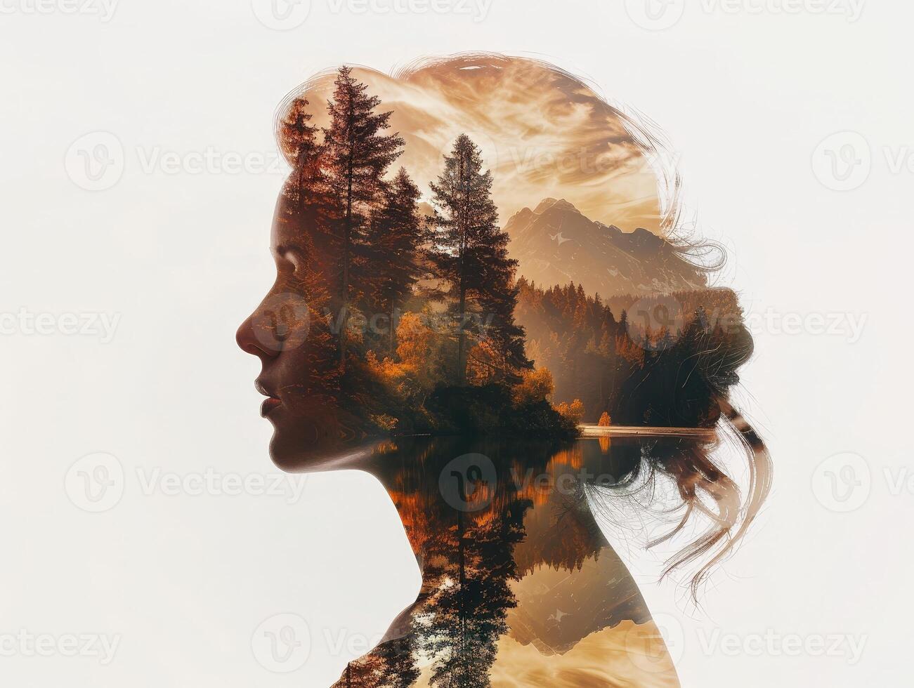 serene autumn forest reflection in womans profile photo