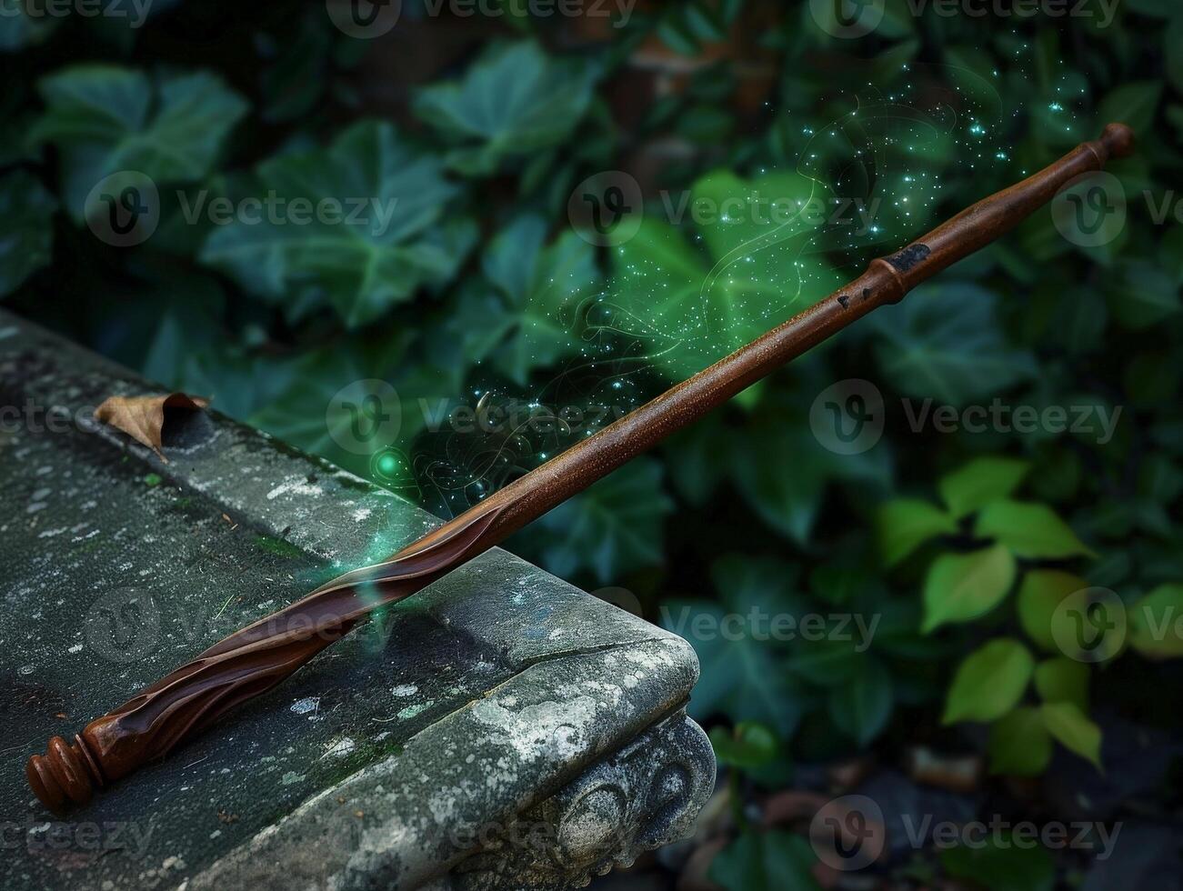magical wand with sparks in the forest photo