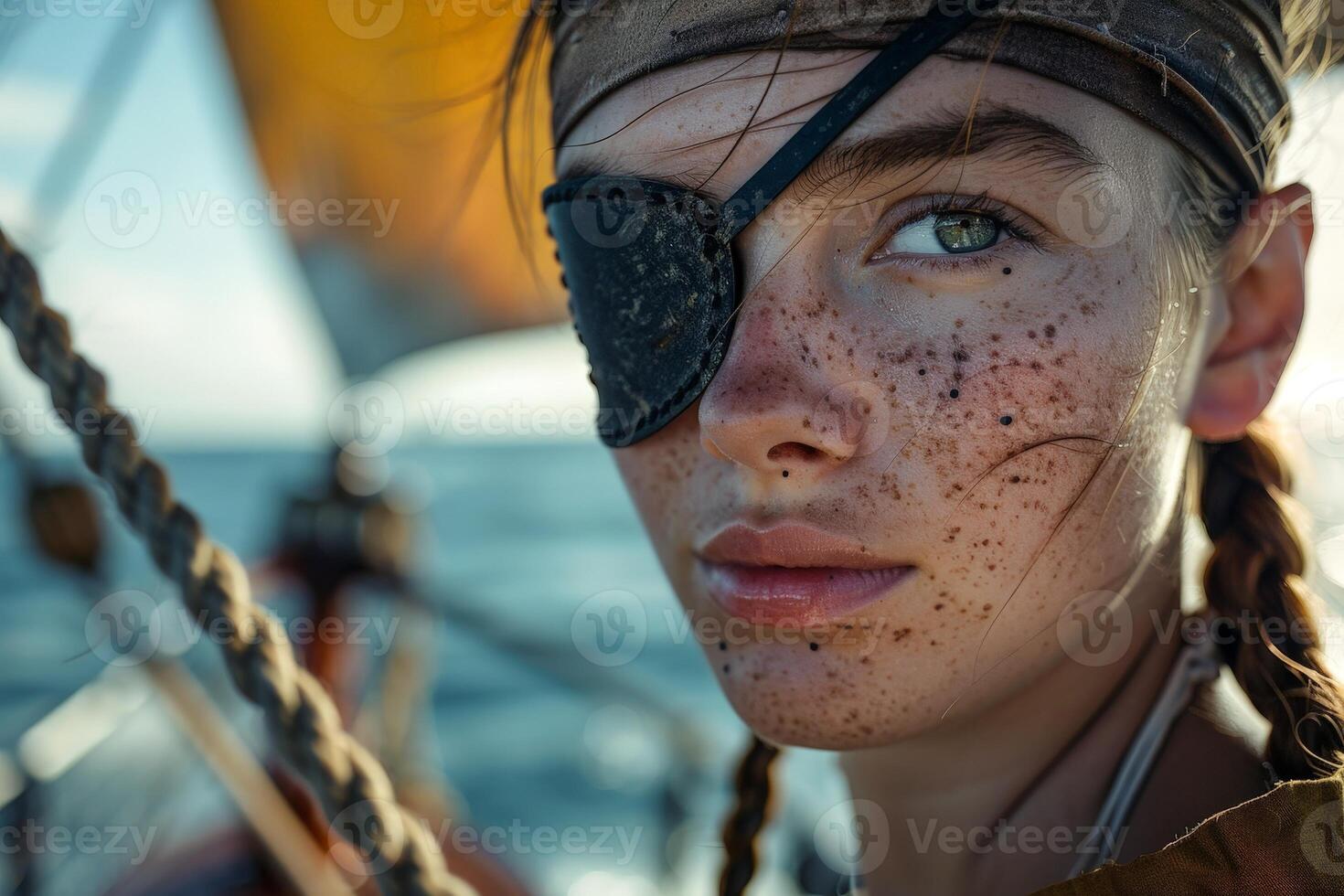 Closeup of a young womans face with freckles and braided hair photo