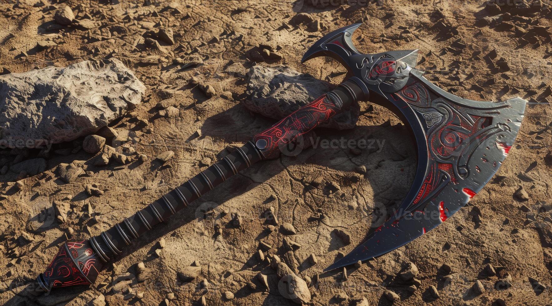 Ornate fantasy battle axe on rocky ground photo