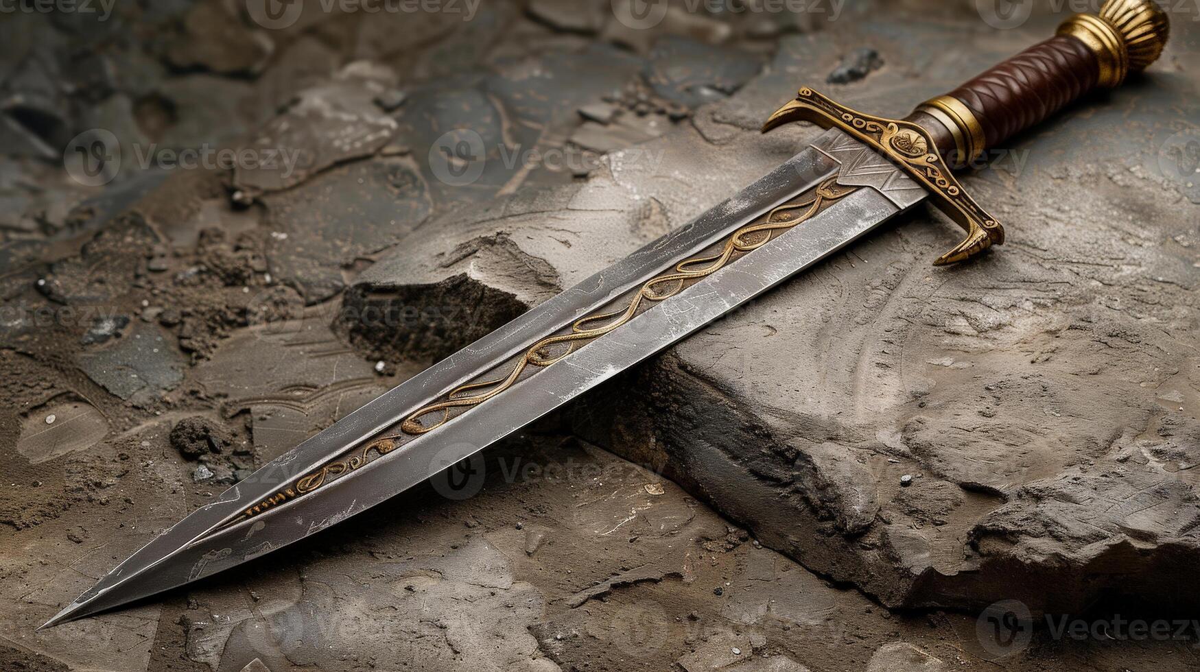 Ornate fantasy dagger on rocky surface photo