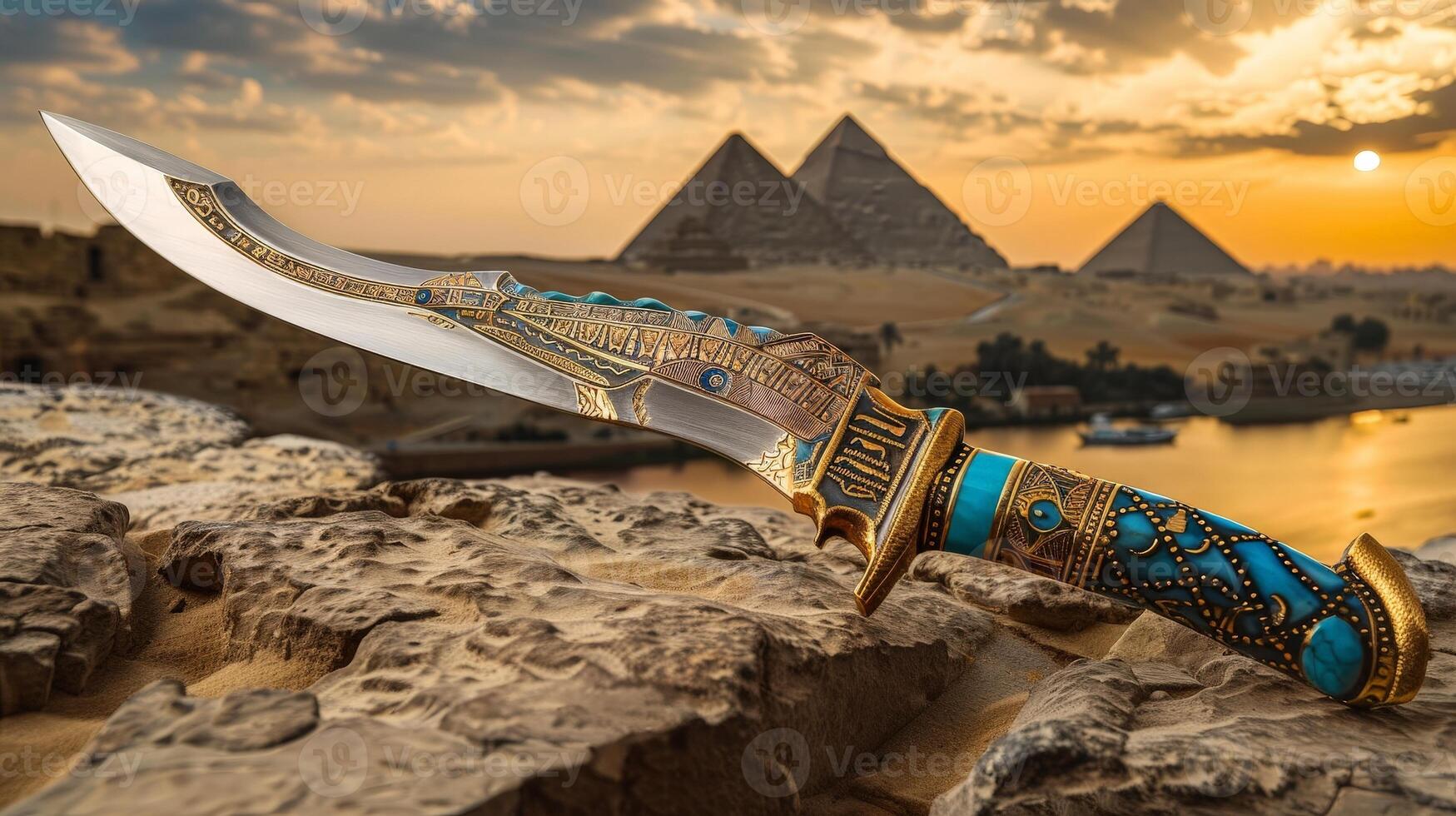 Ornate dagger against ancient egyptian pyramids at sunset photo