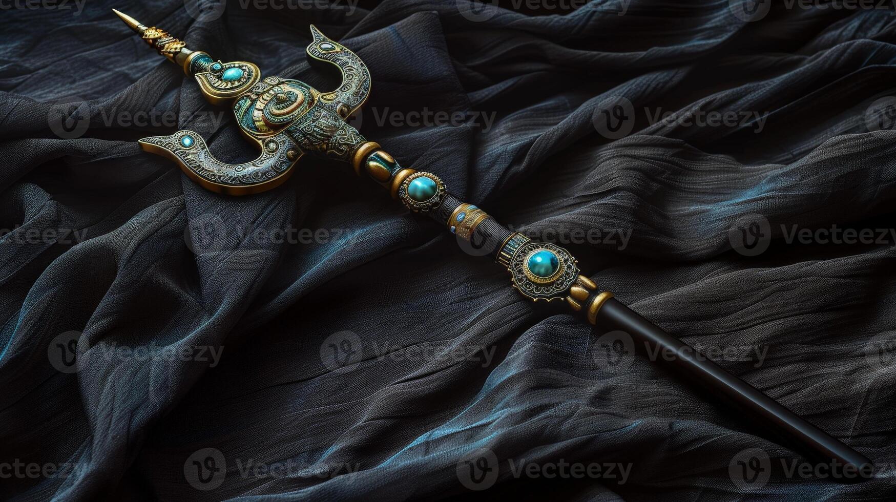 Ornate golden scepter on flowing black fabric photo