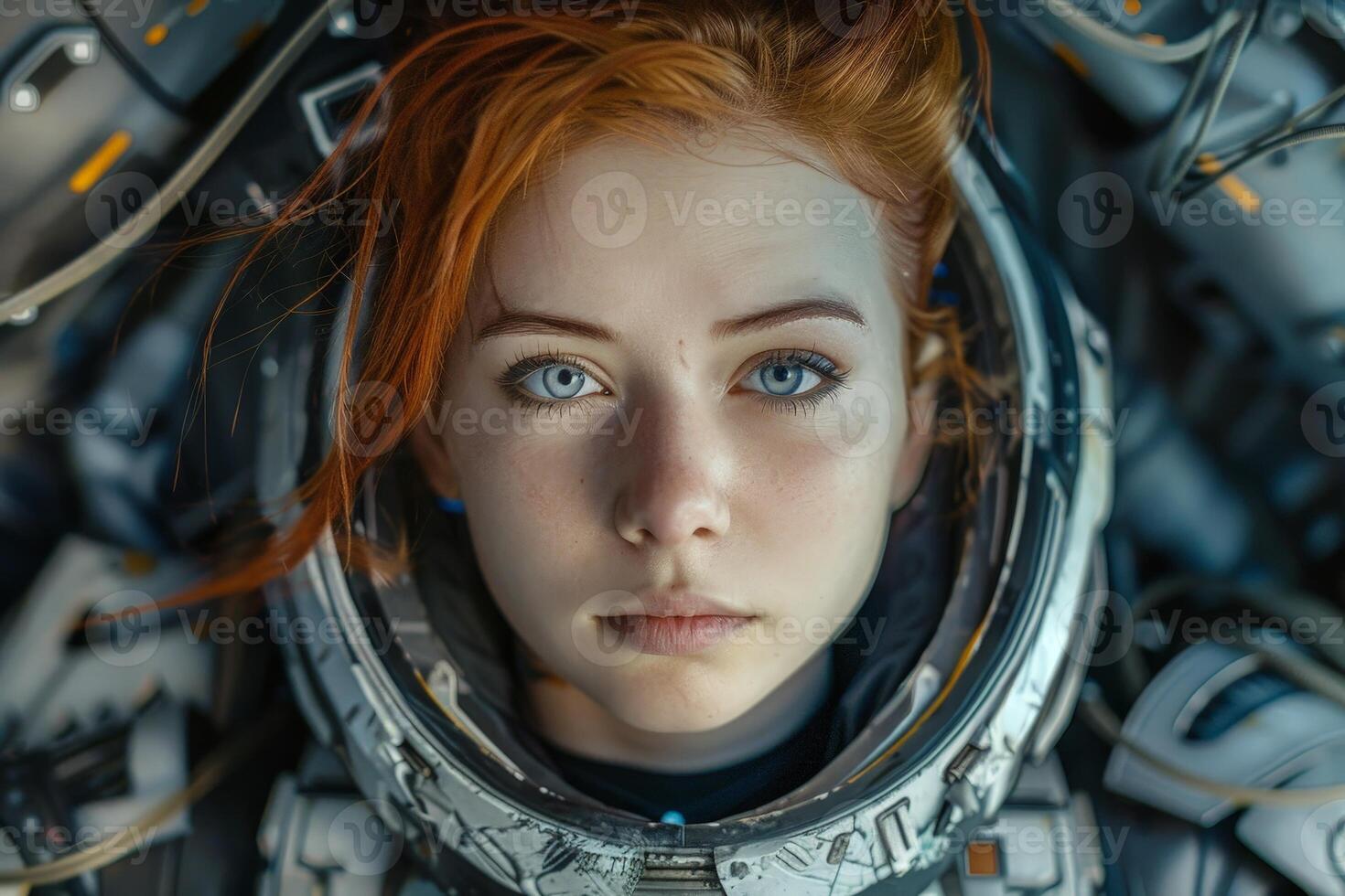 astronaut with intense gaze in space suit photo