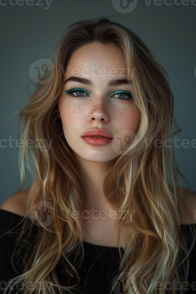 Captivating portrait of a young woman with striking makeup photo