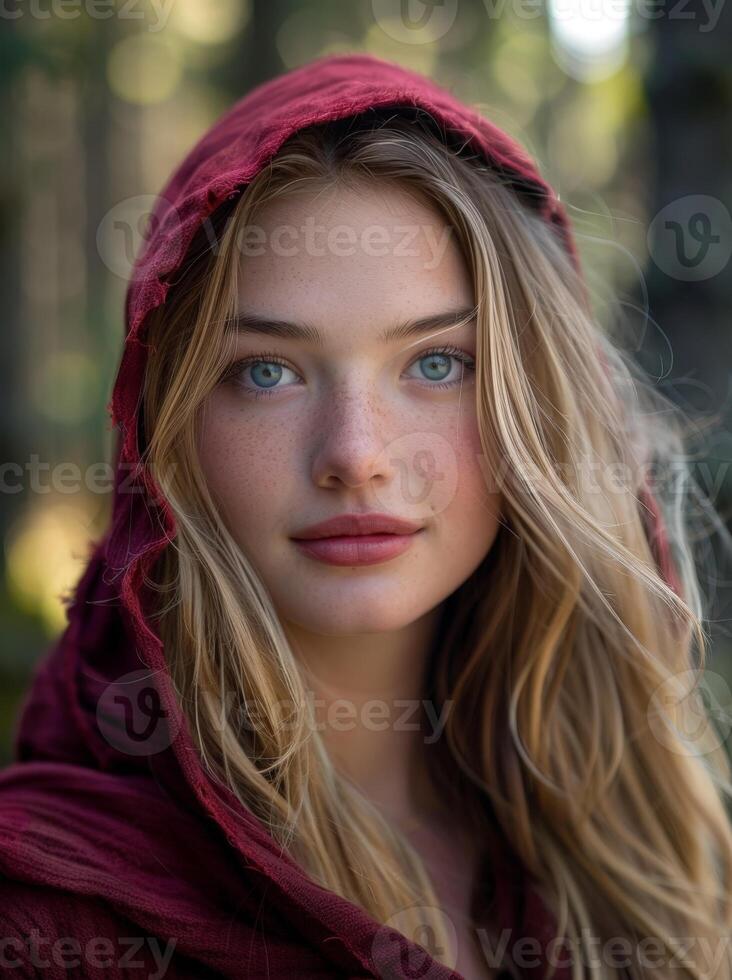 Captivating woman in red hooded cloak photo