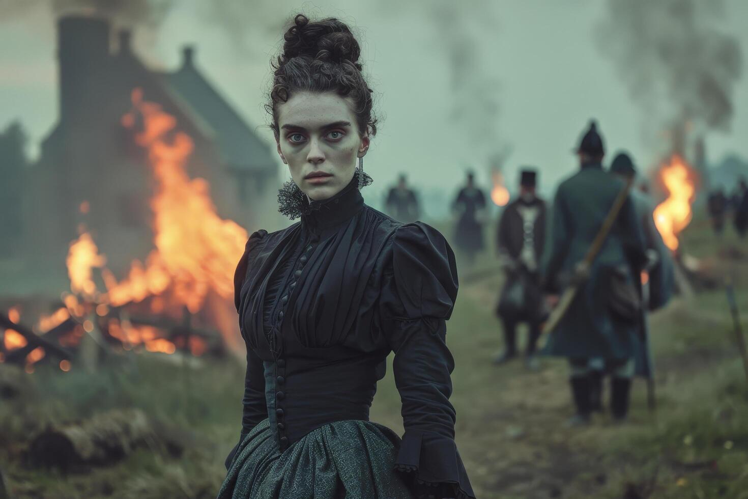 woman in historical costume standing in front of burning buildings photo