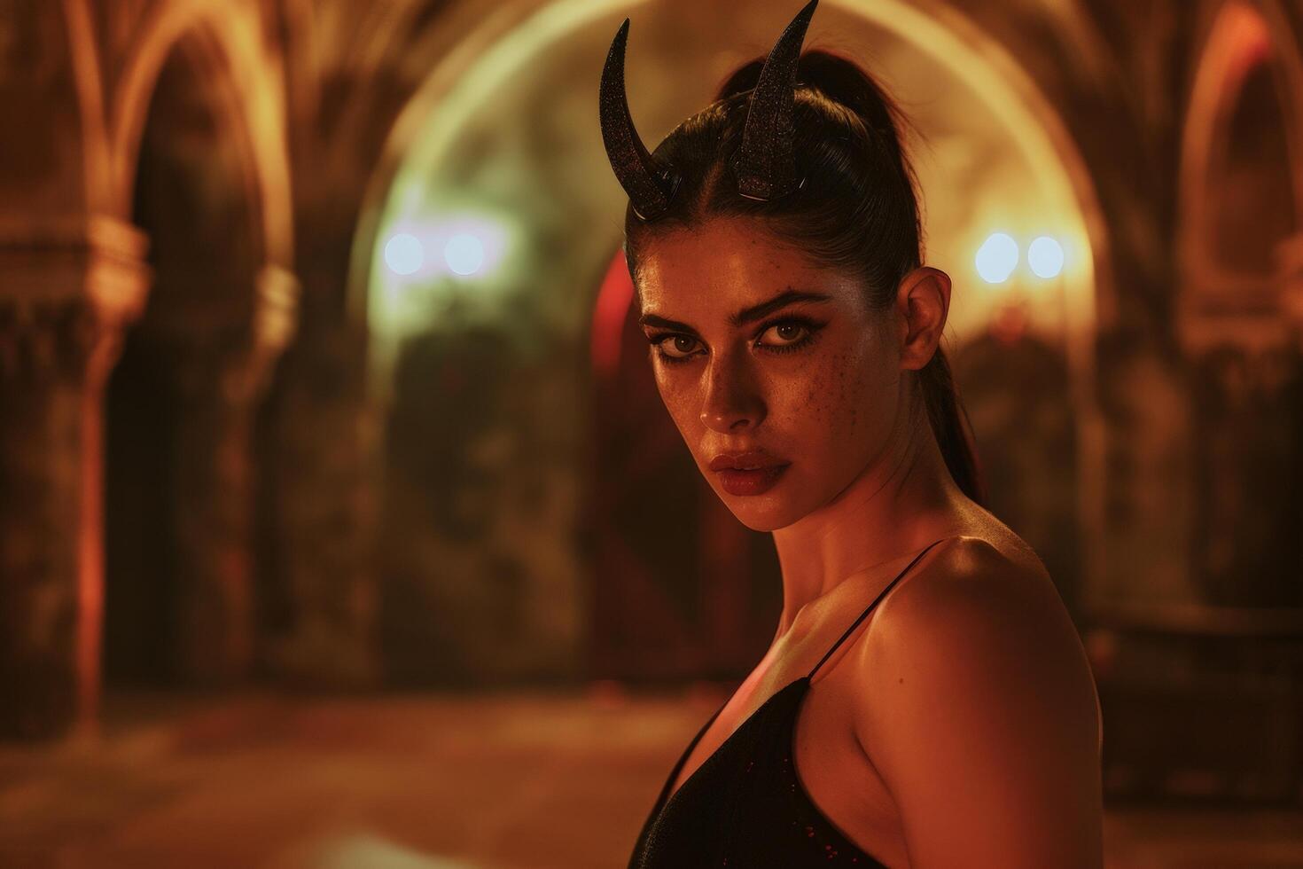 Mysterious woman with horns in dramatic lighting photo