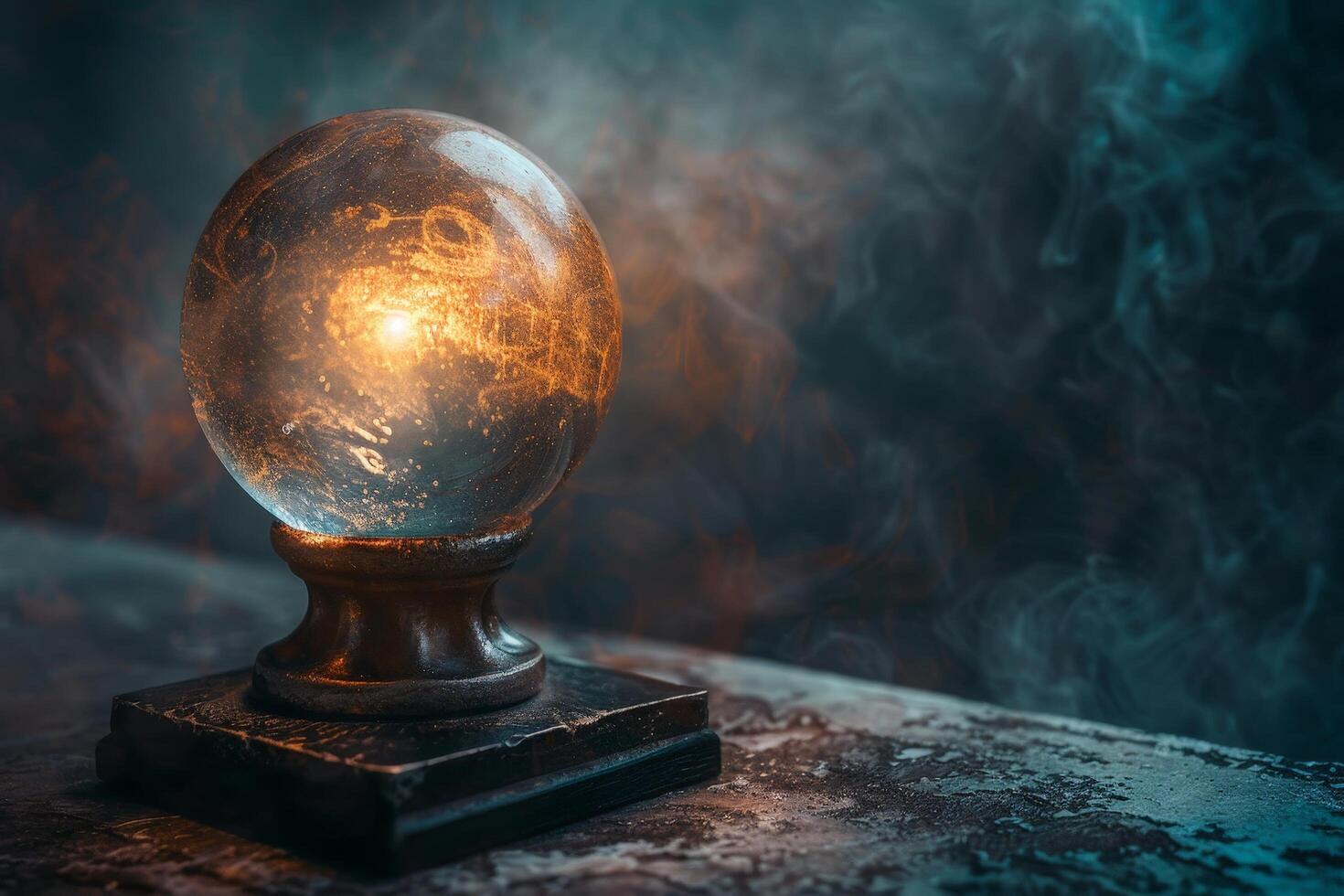 Glowing crystal ball with smoke in dark fantasy setting photo