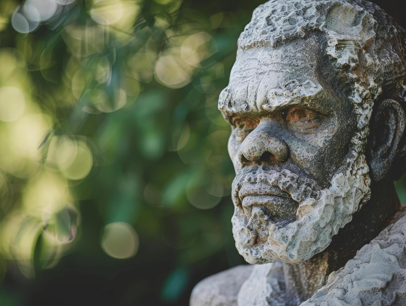 Close up of an old stone statue in a lush, green setting photo
