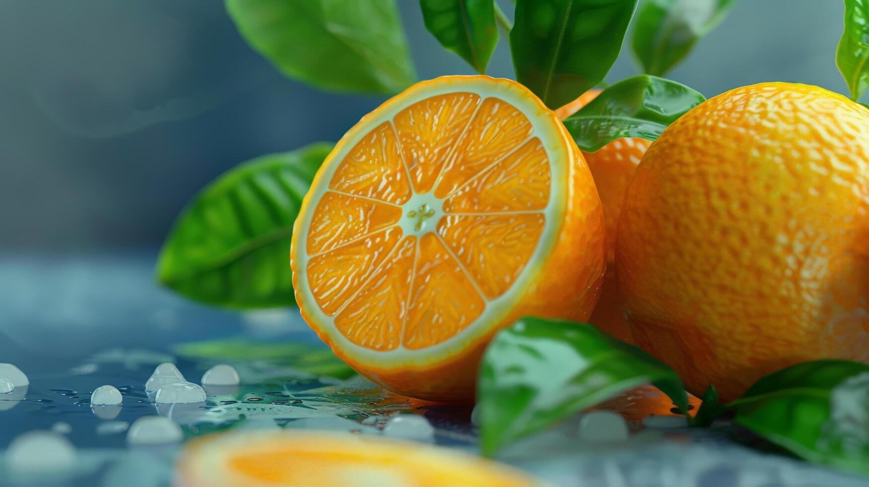 Fresh orange slices with green leaves on wet surface photo