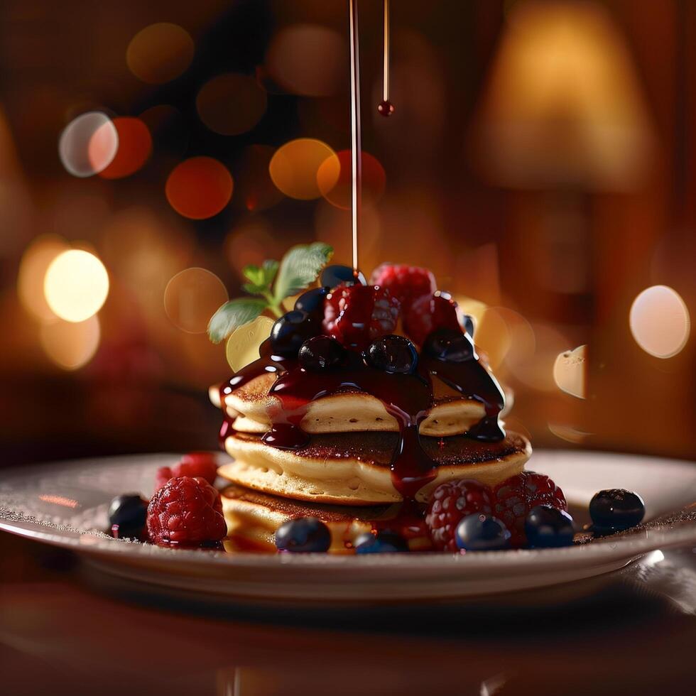 Delicious berry pancake stack with syrup and bokeh lights photo