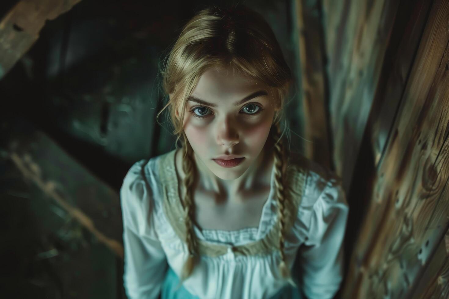 Pensive young woman with braided hair in rustic interior photo