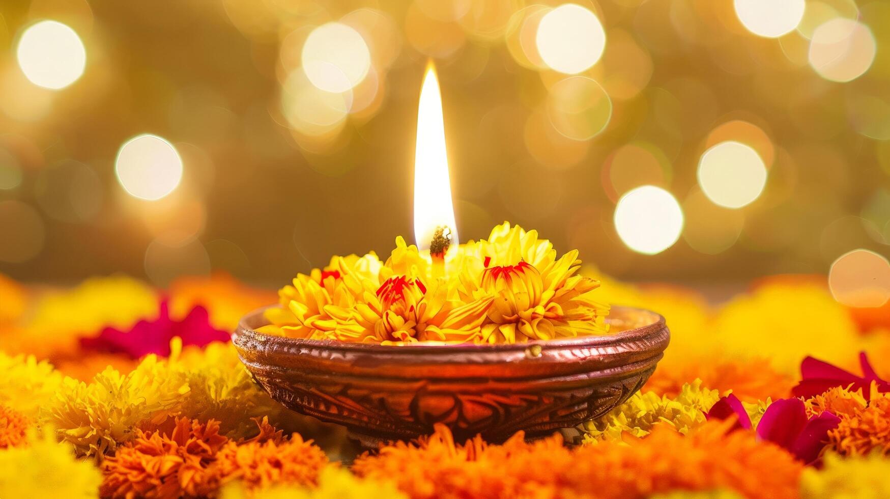 glowing candle surrounded by vibrant yellow flowers photo