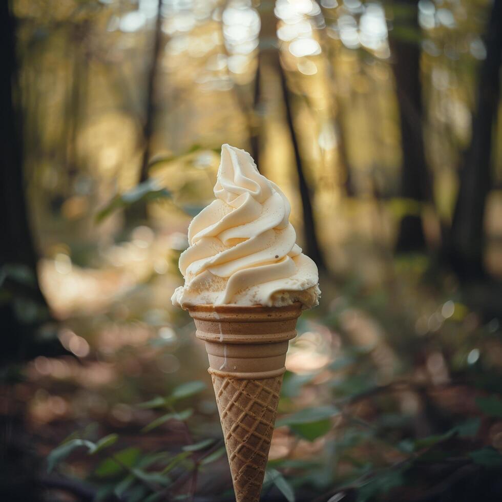 Delicious soft serve ice cream in a waffle cone photo