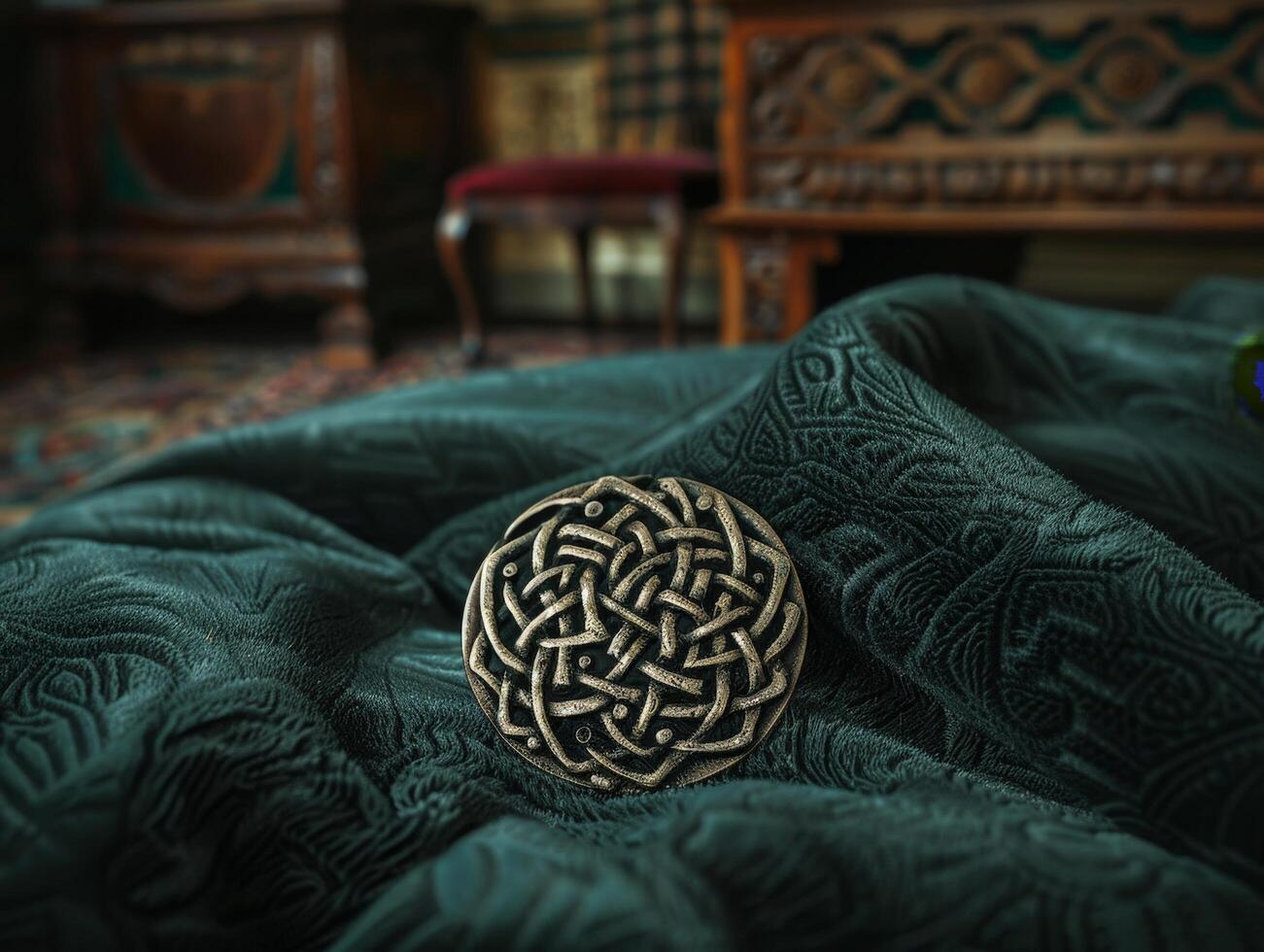 Ornate celtic knot on dark green fabric photo